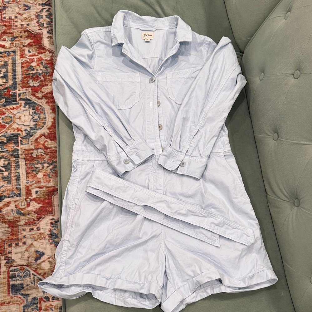 J. Crew Pale Blue Button-Front Utility Romper